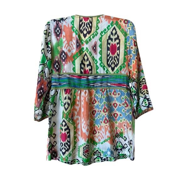 Johnny Was Silk Embroidered Tunic Top SZ XS Bohemian Tribal Multicolor Artsy - Picture 2 of 5